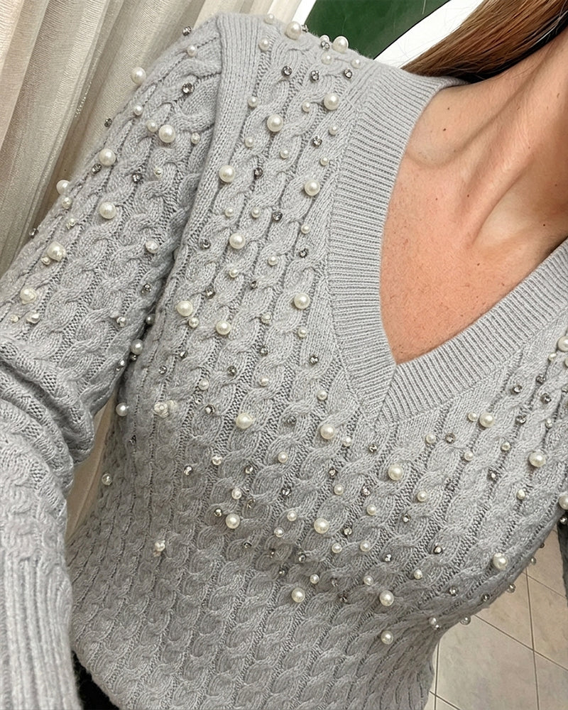 Rhinestone & Pearls Decor V-Neck Cable Textured Knit Sweater