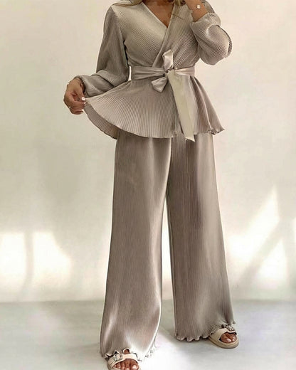 2 Pieces Outfit Overlap V-Neck Lantern Sleeve Tie Waist Ruffle Hem Top and Elastic Waist Wide Leg Pants Set Vintage Frill Hem Satin Pleated Commuting Set