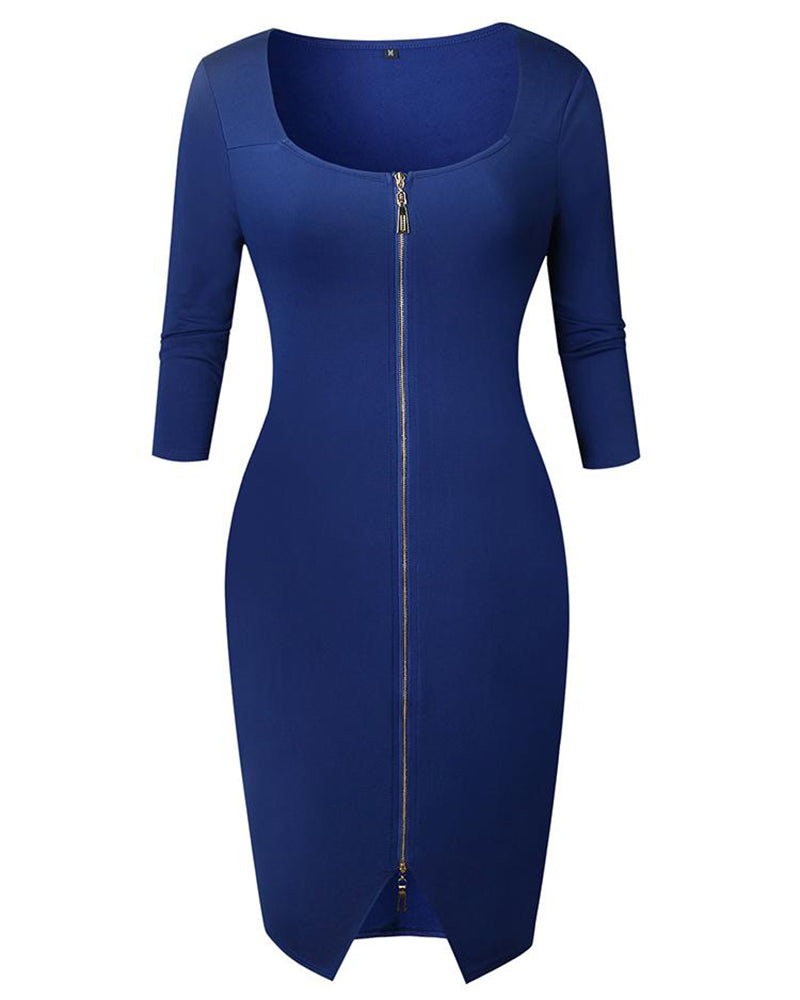 Square Neck Half Sleeves Bodycon Dress Full Front Zip Split Midi Dress