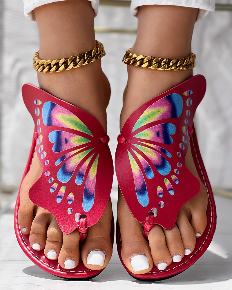 Colorblock Butterfly Print Toe Post Slippers