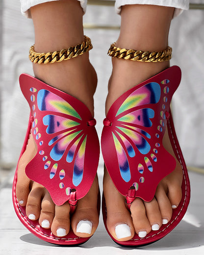 Colorblock Butterfly Print Toe Post Slippers