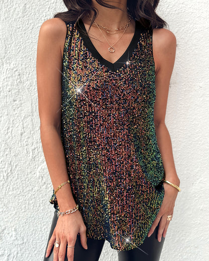 V-Neck Allover Sequin Thick Strap Sleeveless Tank Casual Top