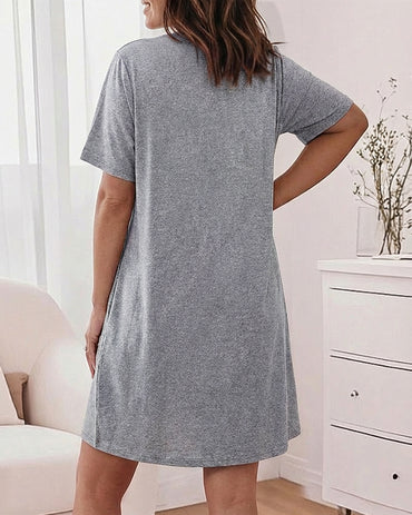 Leopard Heart Patch Short Sleeve Mini Nightdress Casual Loose Fit Loungewear with Pockets