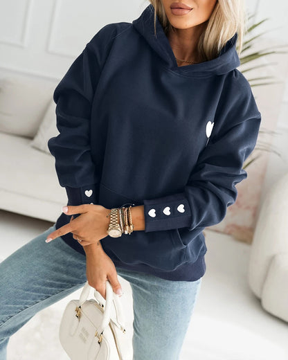 Women's Heart Print Pullover Hoodie Casual Loose Long Sleeve Sweatshirt with Kangaroo Pocket