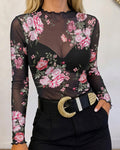 Women's Sheer Mesh Vintage Floral Print Mock Neck Frill Trim Long Sleeve Top