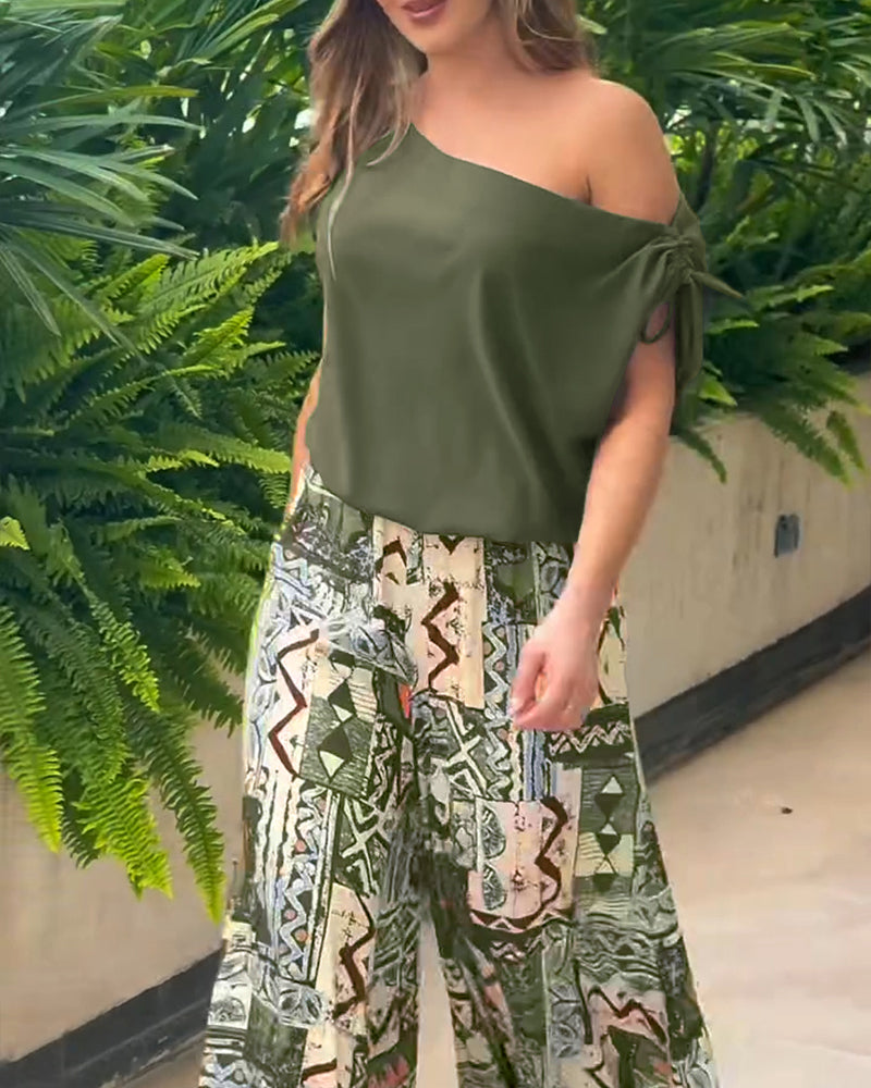 2 Piece Outfit Drawstring Cold Shoulder Top and Floral Print Wide Leg Pants Set