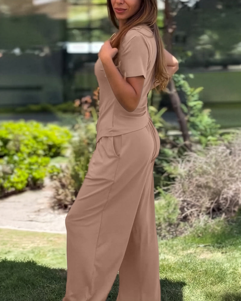 Women's Two Piece Set Cowl Neck Ruched Asymmetrical Top and High Waist Wide Leg Pants with Pockets