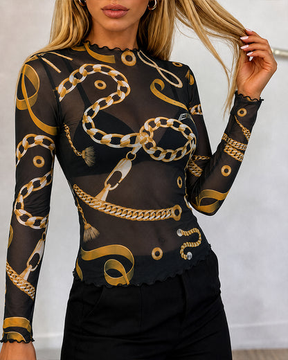 Women's Sheer Mesh Gold Chain Print Mock Neck Frill Trim Long Sleeve Top