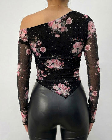 Women's Skew Neck Floral Mesh Top Rhinestone Long Sleeve Shirt Ruched Slim Fit Asymmetrical Hem Blouse with Thumbholes