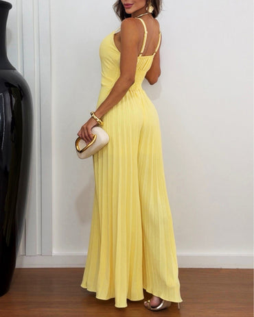 Metal Decor Deep V-Neck Adjustable Spaghetti Straps Hollow-out Front Overalls Casual Shirred Back Cinched Waist Pleated Wide Leg Jumpsuit