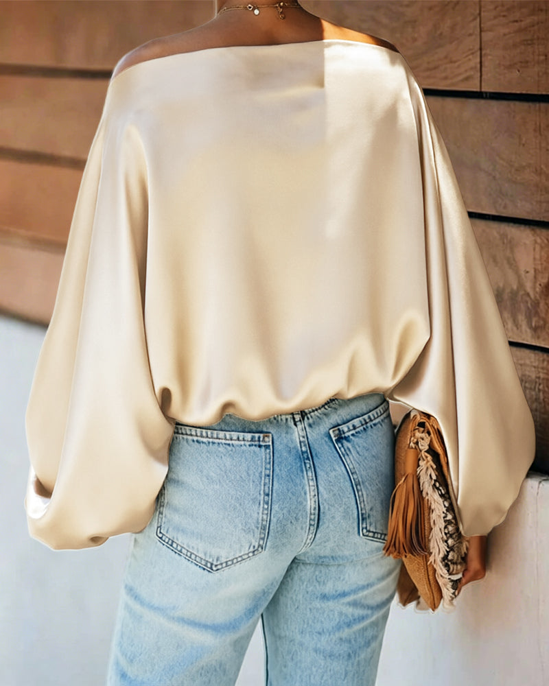 Women's Off Shoulder Satin Blouse Lantern Long Sleeve Shirt Casual Loose Fit Skew Neck Top