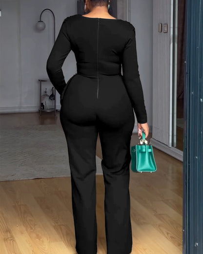 Cowl Neck Asymmetrical Textured Patchwork Cinched Waist Jumpsuit Casual Zipper Back Wide Leg Jumpsuit