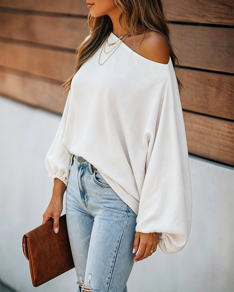 Women's French Style Off Shoulder Blouse Elegant Lantern Sleeve Top Versatile Skew Neck Textured Shirt