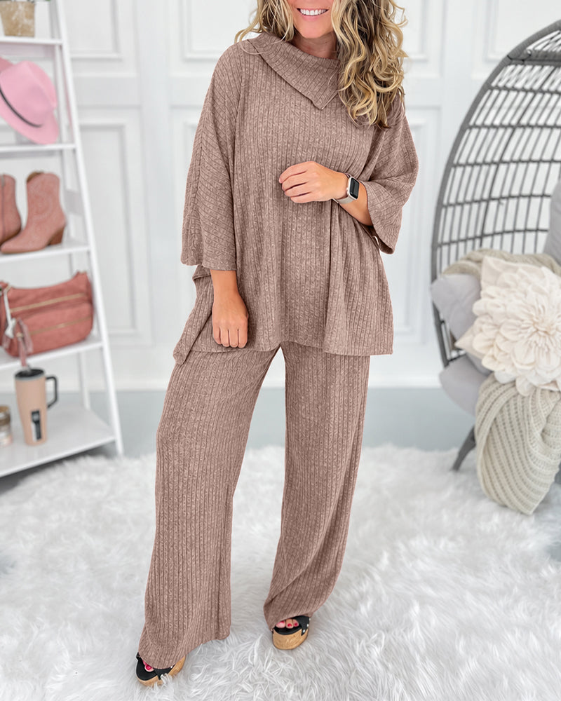 Women's 2 Piece Ribbed Knit Set Asymmetrical Zipper Turtleneck Batwing Sleeve Top and Pants Casual Loungewear