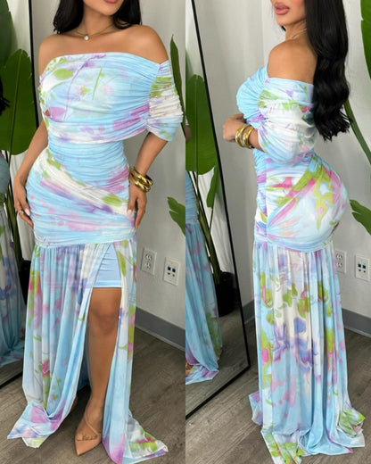 Women's Floral Skew Neck Maxi Dress Sexy Ruched Mesh Bodycon Evening Gown High Slit Vacation Dress