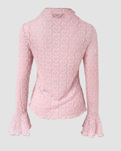 CHICME Women's Heart Jacquard Knit Top Mock Neck Long Sleeve Flare Cuff Slim Fit Blouse with Frill Trim and Hollow-out Details