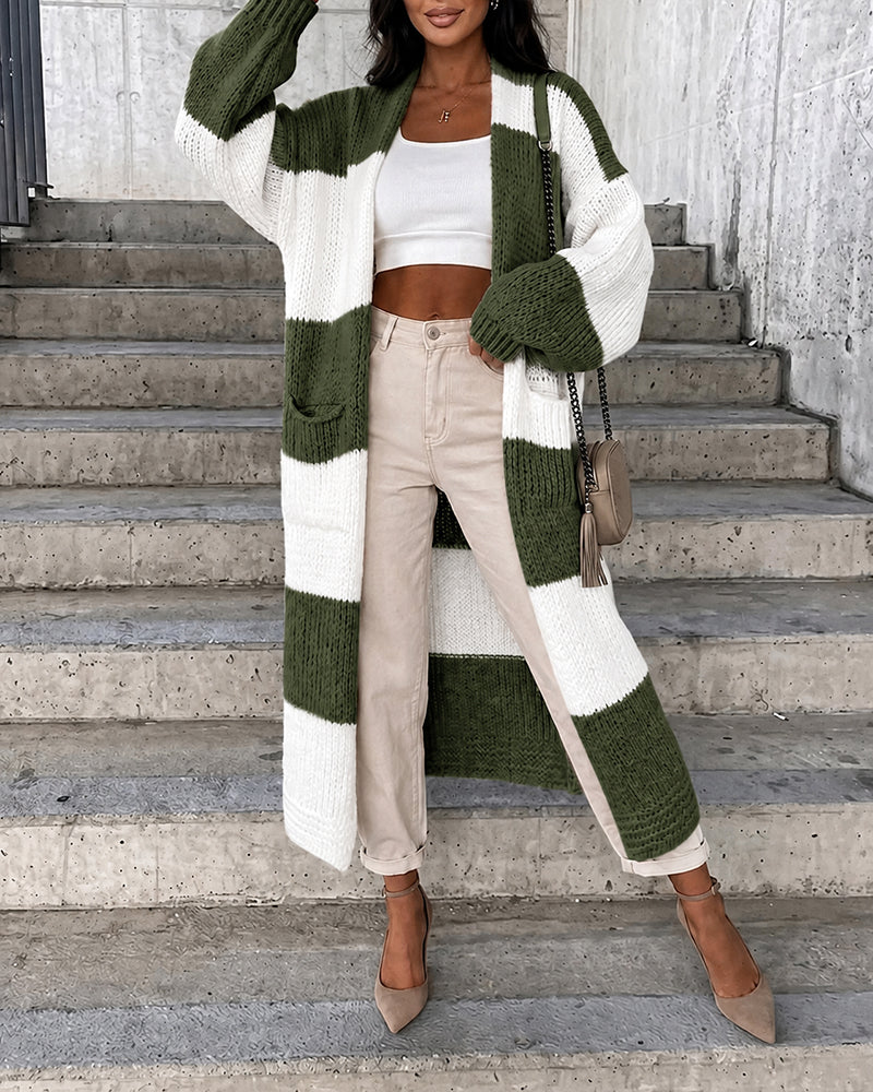 Women's Checkerboard Knit Cardigan Oversized Long Chunky Sweater Loose Lantern Sleeve Coat with Pockets