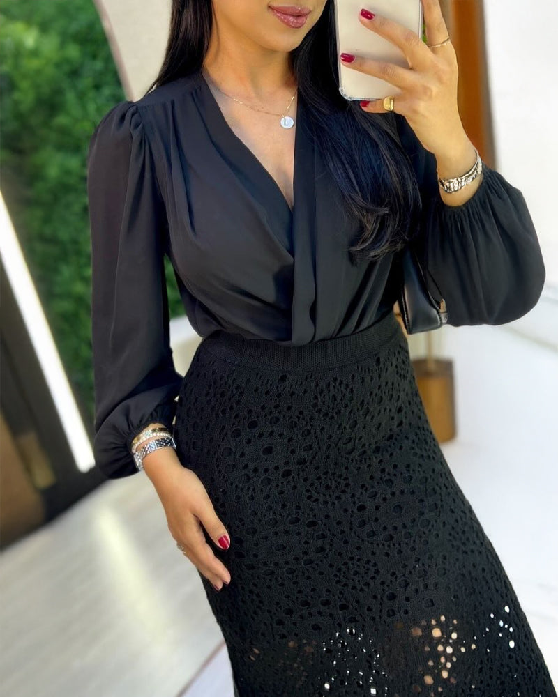 Crochet Pattern Elastic Waist Hollow-out Mid-Calf Skirt Casual Commuting Skirt