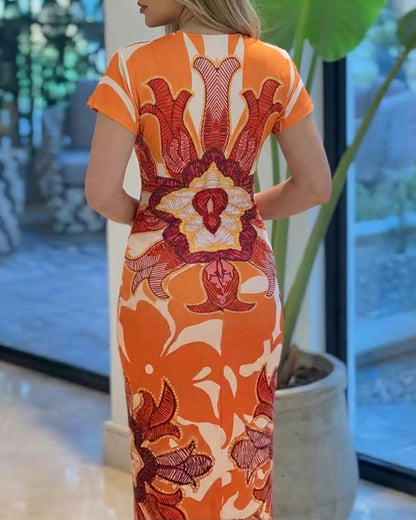 Vintage Baroque Print Deep V-Neck Short Sleeve Ruched Mid-length Dress Slim Fit Slit Front Vacation Dress