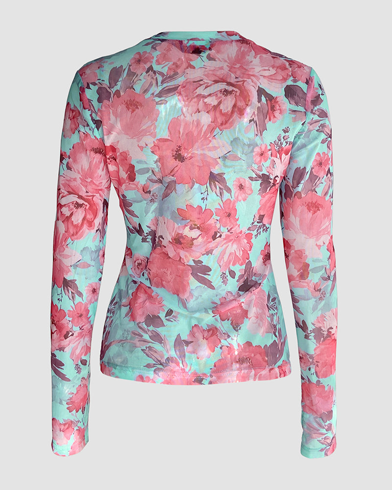 Watercolor Floral Print O-neck Long Sleeve Mesh Tee Slim Fit Semi Sheer Layering Top with Thumb Hole Cuffs