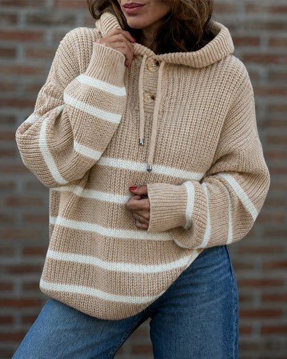 Women's Striped Henley Drawstring Hooded Sweater Loose Fit Lantern Sleeve Knit Pullover