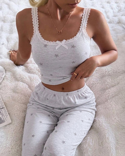 Women's Star Print 2 Piece Pajamas Set Lace Cami Top and Pants Casual Loungewear Bowknot Sleepwear