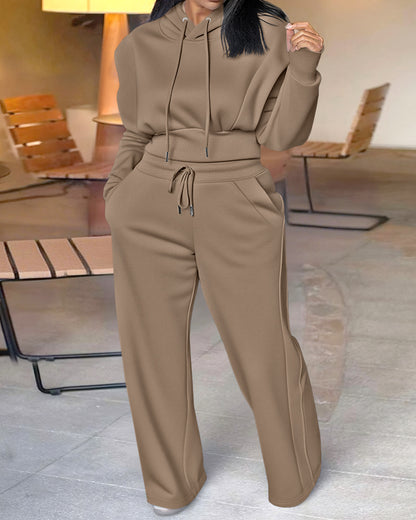 2 Pieces Outfit Long Sleeve Crop Drawstring Hoodie Sweatshirt With Thumb Hole Cuffs And Casual Drawstring Elastic Waist Wide Leg Sweatpants Set
