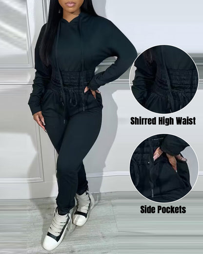2 Pieces Outfit Drop Shoulder Kangaroo Pocket Stretchy Hem Crop Drawstring Hoodie Sweatshirt And Drawstring Elastic Waist Jogger Sweatpants Casual Tracksuit