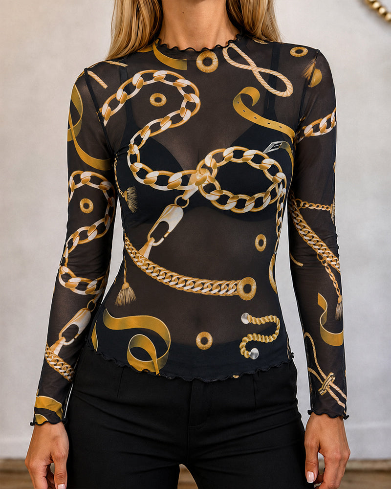 Women's Sheer Mesh Gold Chain Print Mock Neck Frill Trim Long Sleeve Top