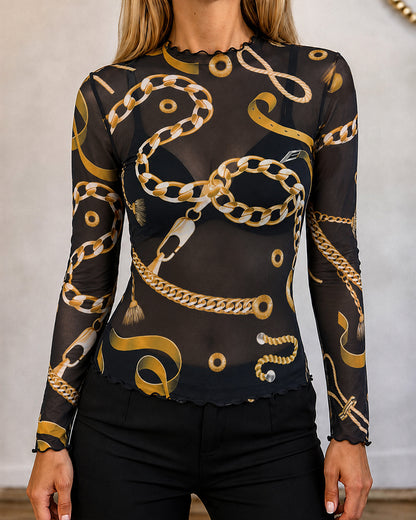Women's Sheer Mesh Gold Chain Print Mock Neck Frill Trim Long Sleeve Top