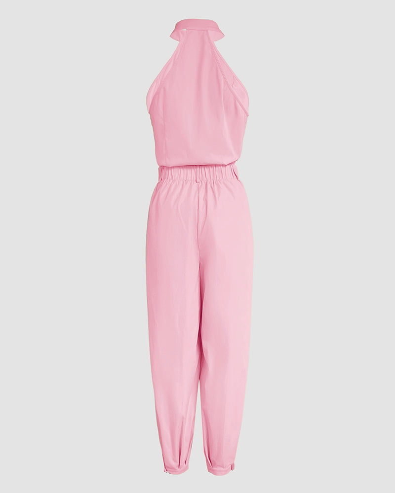 2 Pieces Outfits Sleeveless High Neck Cargo Pockets Design Top And Casual Cuffed Long Pants Set