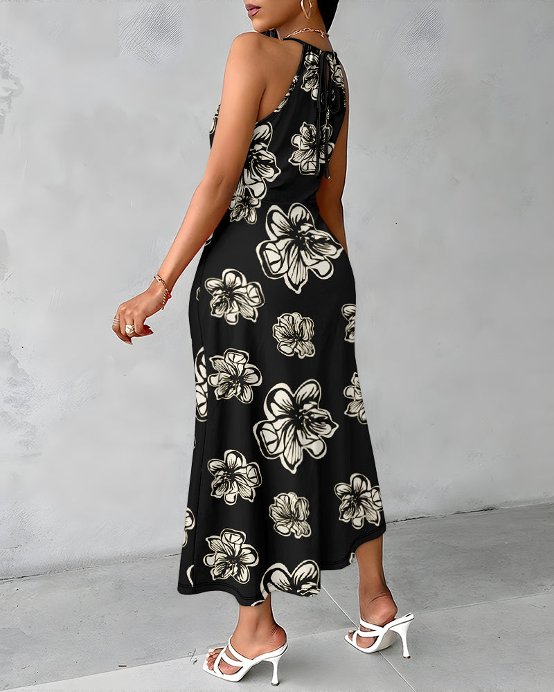 Women's Floral Halter Tie Midi Dress Sleeveless Hollow-Out Wrap Dress Casual Ruched Slit Vacation Dress