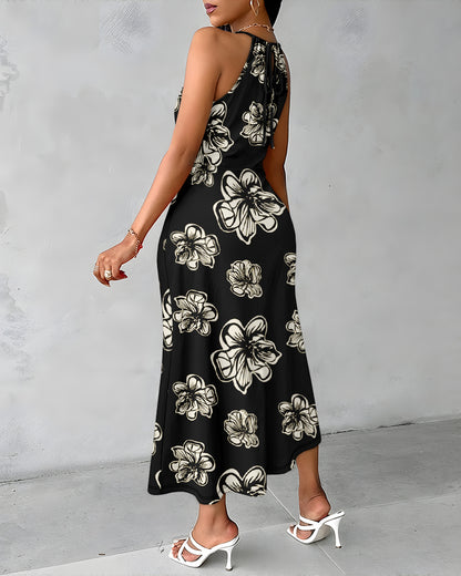 Women's Floral Halter Tie Midi Dress Sleeveless Hollow-Out Wrap Dress Casual Ruched Slit Vacation Dress