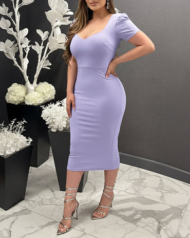 Ruffles & Bowknot Decor Back V-Neck Short Sleeve Slim Fit Mid-length Dress Elegant Backless Slit Back Party Dress with Detachable Clear Adjustable Strap