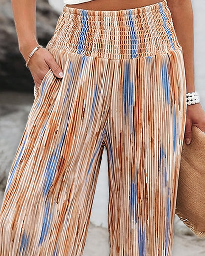 Tie Dye Print High Wait Elastic Waist Pleated Wide Leg Pants