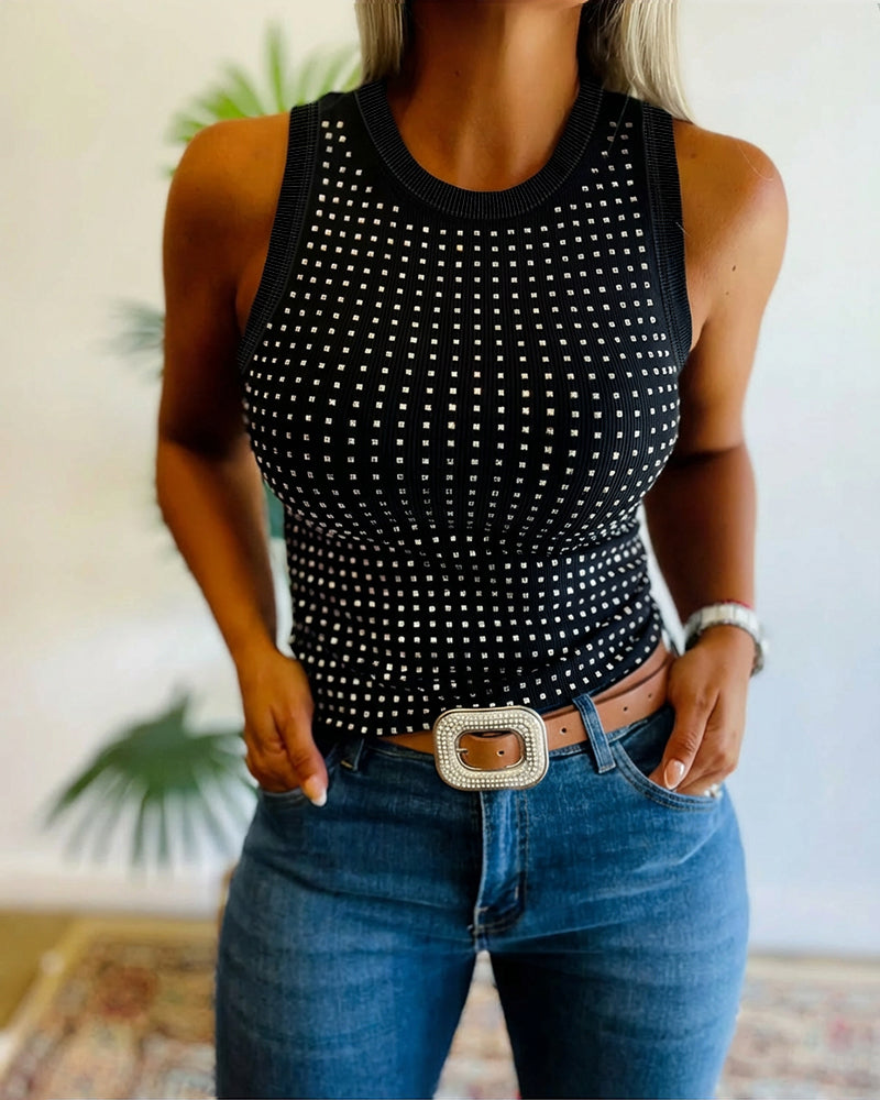 Ärmelloses T-Shirt mit Strass-Dekor, O-Ausschnitt, schmal geschnittenes, geripptes Tanktop