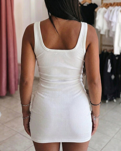 Women's Rhinestone Square Neck Mini Bodycon Dress Sleeveless Rib-Knit Tank Dress Sexy Party Club Dress