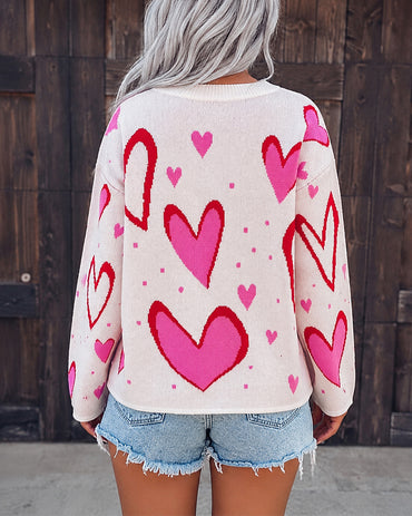 Women's Heart Pattern Loose Sweater Crewneck Long Sleeve Pullover Top