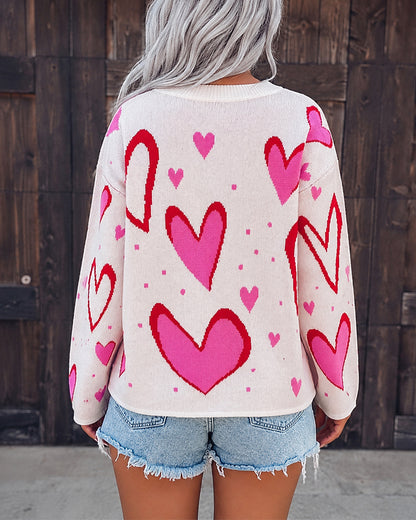Women's Heart Pattern Loose Sweater Crewneck Long Sleeve Pullover Top