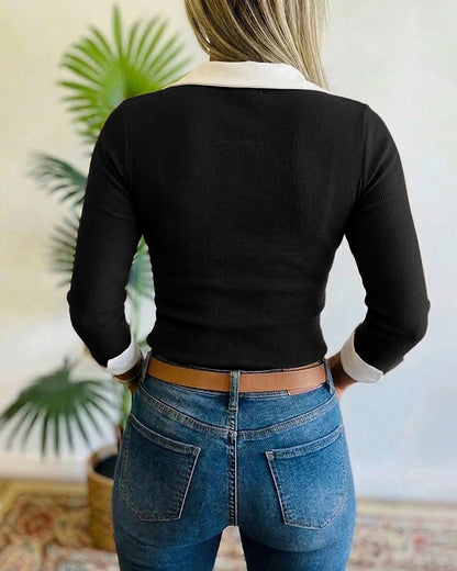 Women's Contrast Lapel Collar Faux Two-Piece Knit Top Long Sleeve Slim Fit Top