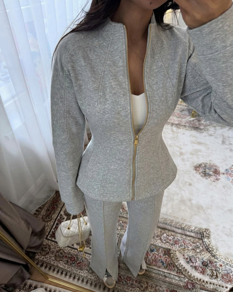 Women's French Style 2 Piece Tracksuit Set Peplum Zip-Up Tied Detail Jacket and Slit Hem Wide Leg Pants