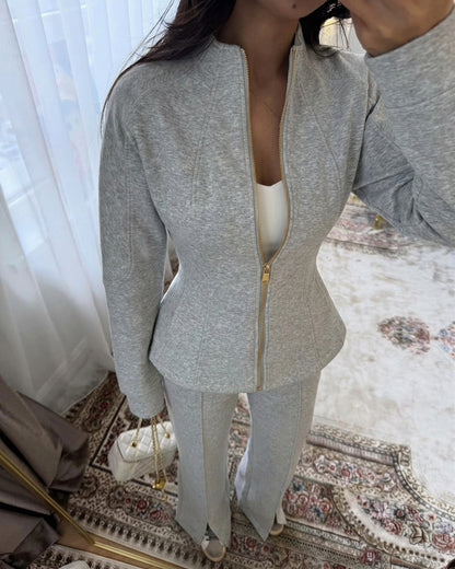 Women's French Style 2 Piece Tracksuit Set Peplum Zip-Up Tied Detail Jacket and Slit Hem Wide Leg Pants