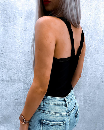 U-Neck Lace Spliced Knit Top Slim Fit Backless Ribbed Cami Top