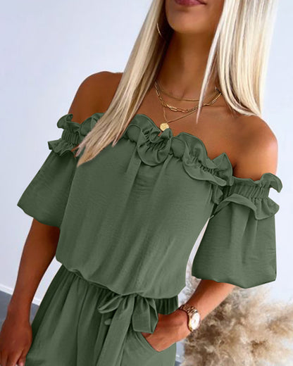 Off Shoulder Frill Hem Tied Detail Jumpsuit