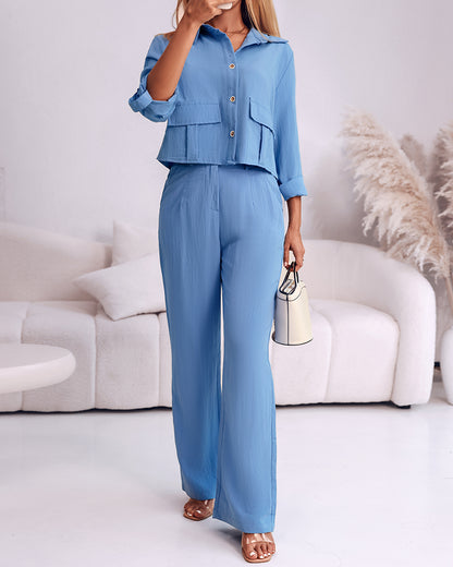 2 Pieces Outfit Turn-down Collar Turn-Up Sleeves Button Front Flap Pockets Design Top and Causal Zipper Fly Elastic Back Waist Wide Leg Pants Set