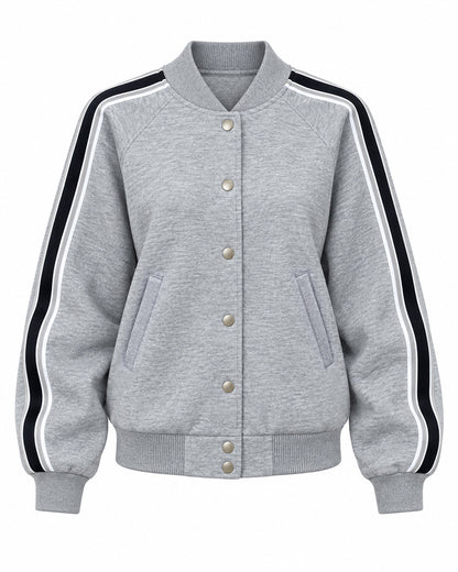Women's Leopard Graphic Contrast Stripe Snap Button Front Baseball Collar Jacket