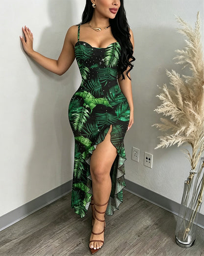 Women's Tropical Plants Cami Midi Dress Casual Rhinestone Mesh Vacation Dress Slit Ruffle Hem Sundress
