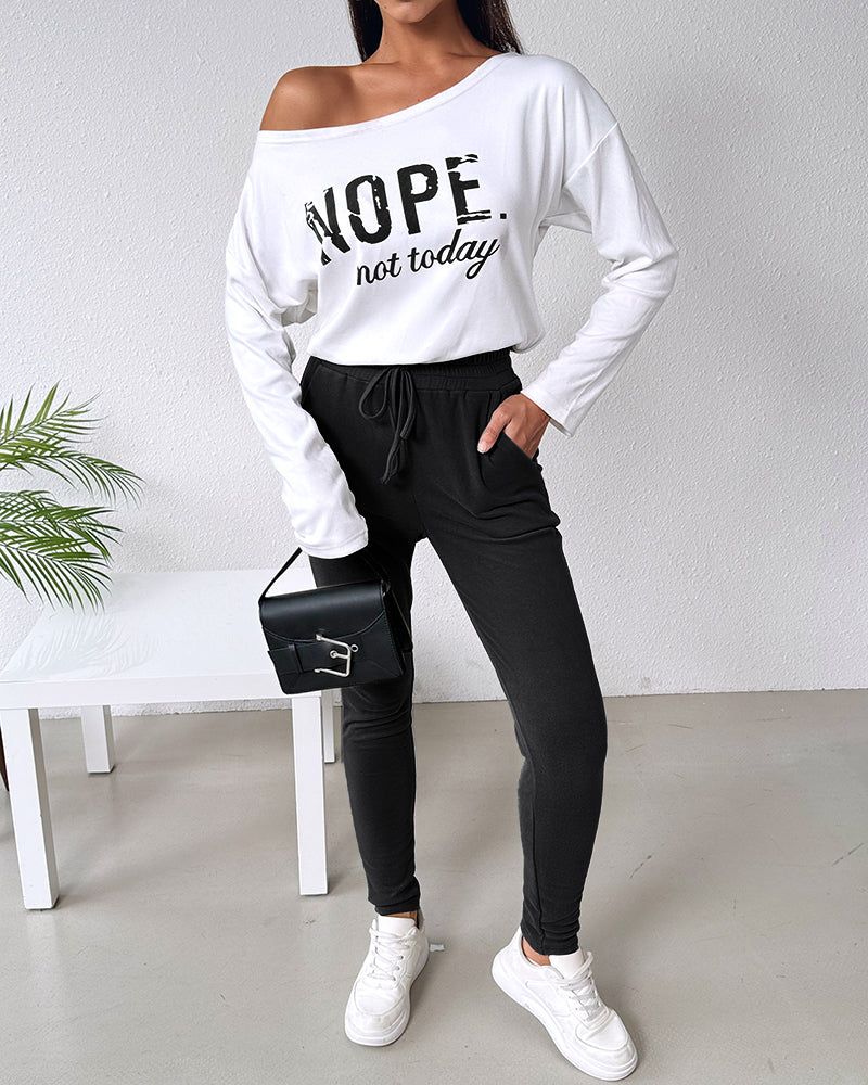 2 Pieces Outfit Nope. Not Today Slogan Print Skew Neck Long Sleeve Pullover Top And Casual Drawstring Stretchy Waist Slim Fit Pants Set