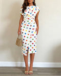 Women's Skew Neck Midi Dress Colorful Polka Dot Ruched Bodycon Dress Elegant Slit French Style Wrap Vacation Dress