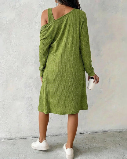 2 Pieces Outfit U-Neck Half Button Front Slim Fit Mini Tank Dress and Long Sleeve Pockets Design Cardigan Casual Rhinestone Decor Textured Set